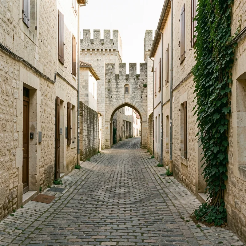 Ruelle pavée d&rsquo;un village ancien de l&rsquo;Aisne bordée de murs de pierre claire