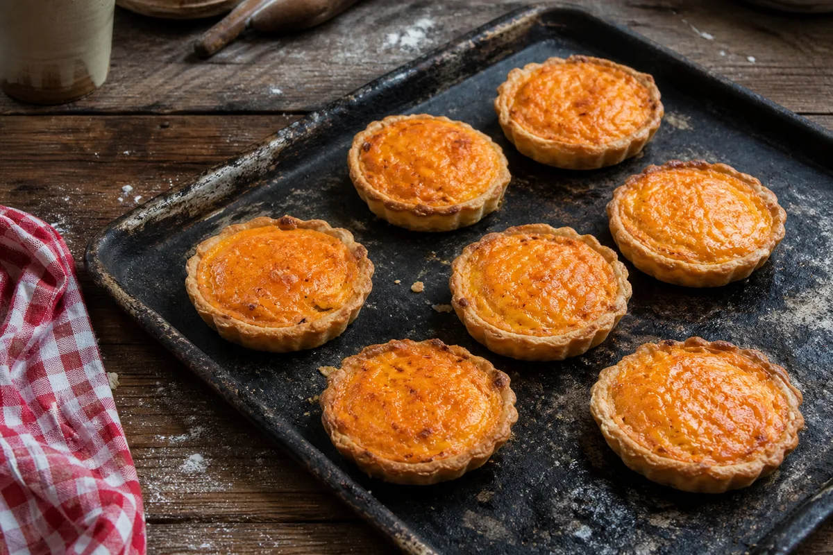 Tartelettes salées dorées alignées sur une plaque de four dans une cuisine rurale