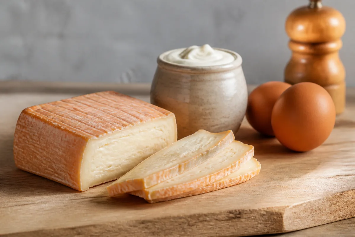 Quart de maroilles découpé en lamelles à côté d&rsquo;un pot de crème et de deux œufs
