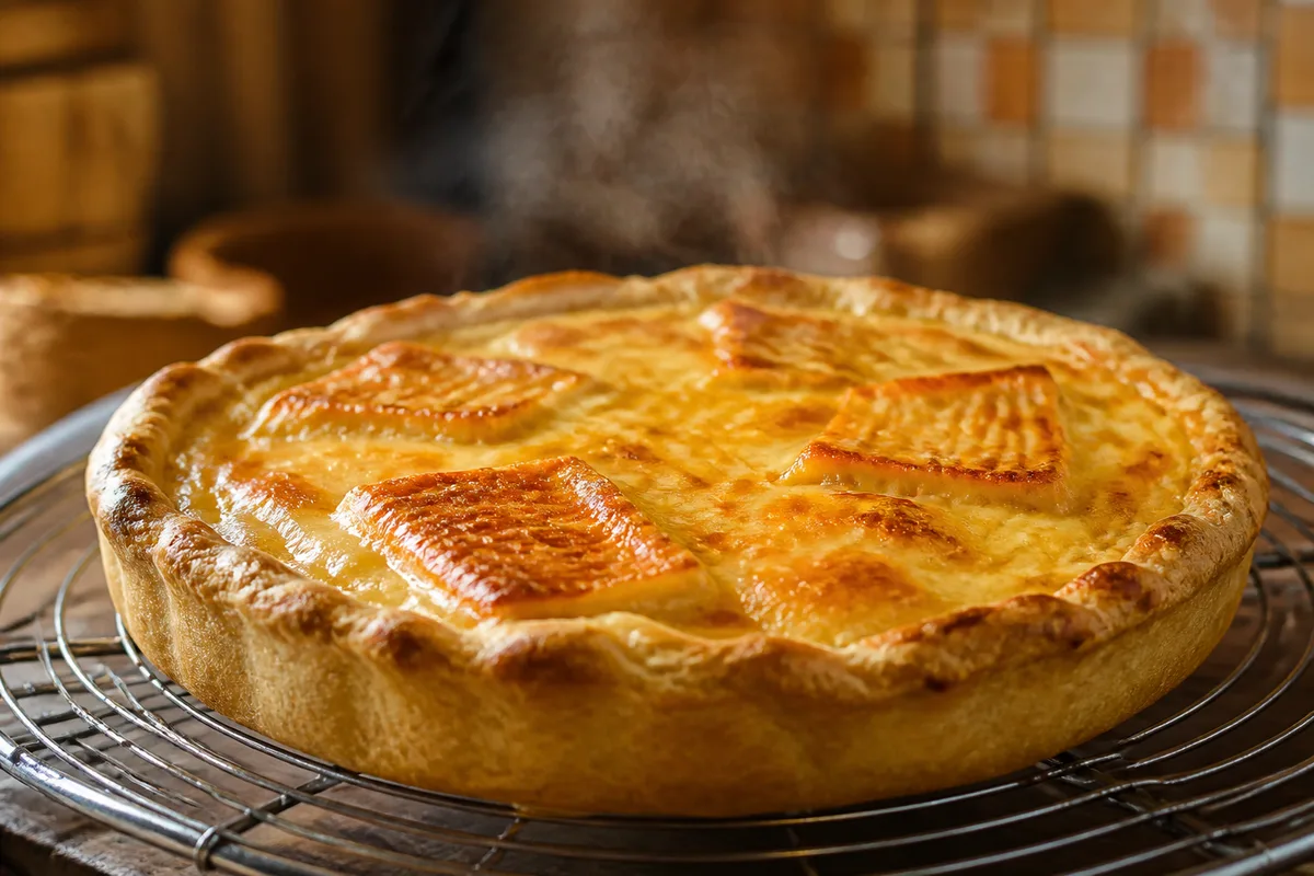 Tartelette au maroilles dorée sortant du four, garniture crémeuse et croûte fondue