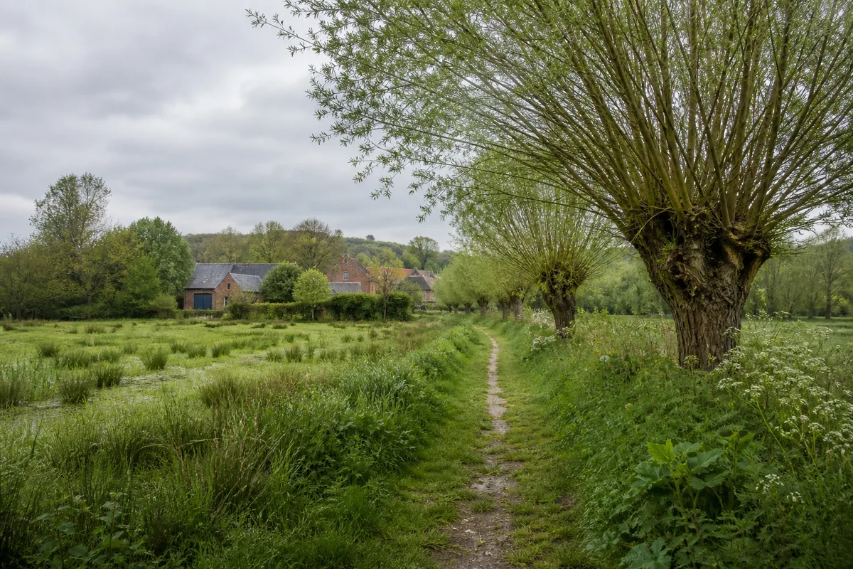 Sentier bordé de saules têtards et de prairies humides dans la campagne de l’Aisne