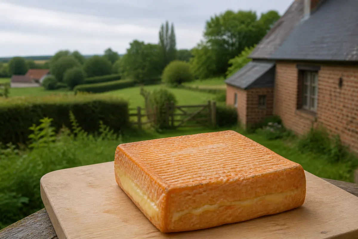Fromage carré à croûte orangée posé sur une planche de bois clair