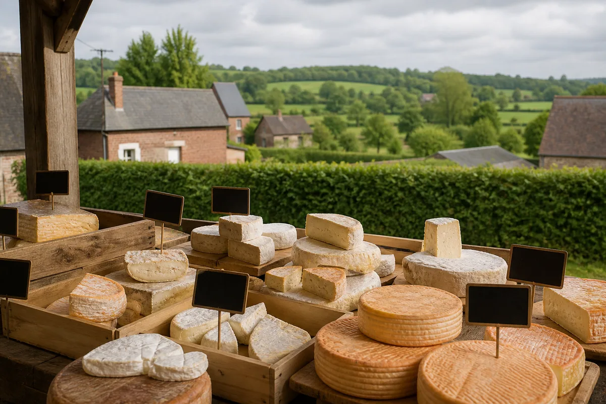 Étal de fromages sur un marché rural avec caissettes en bois et écriteaux