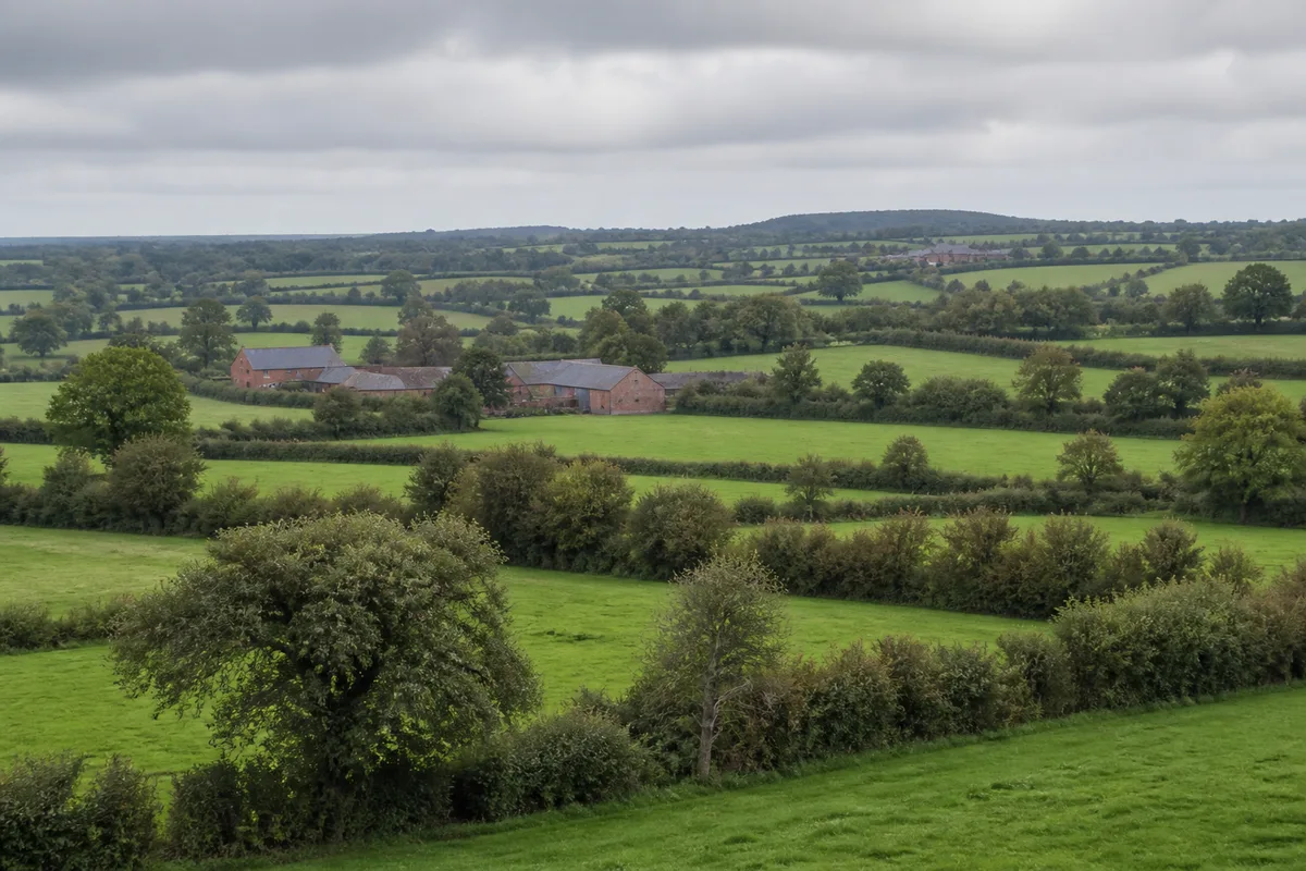 Prairies bordées de haies épaisses formant un damier vert typique du bocage