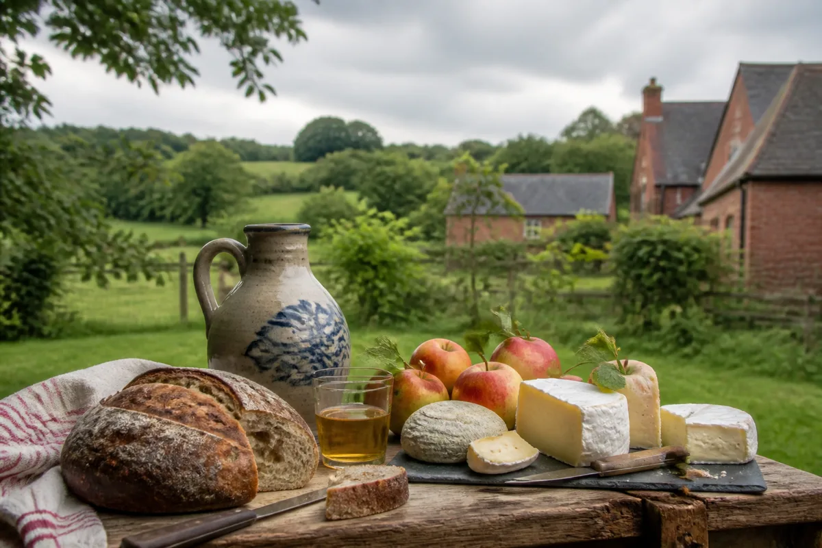 Table de ferme dressée avec pain, fromage, pommes et cruche de cidre