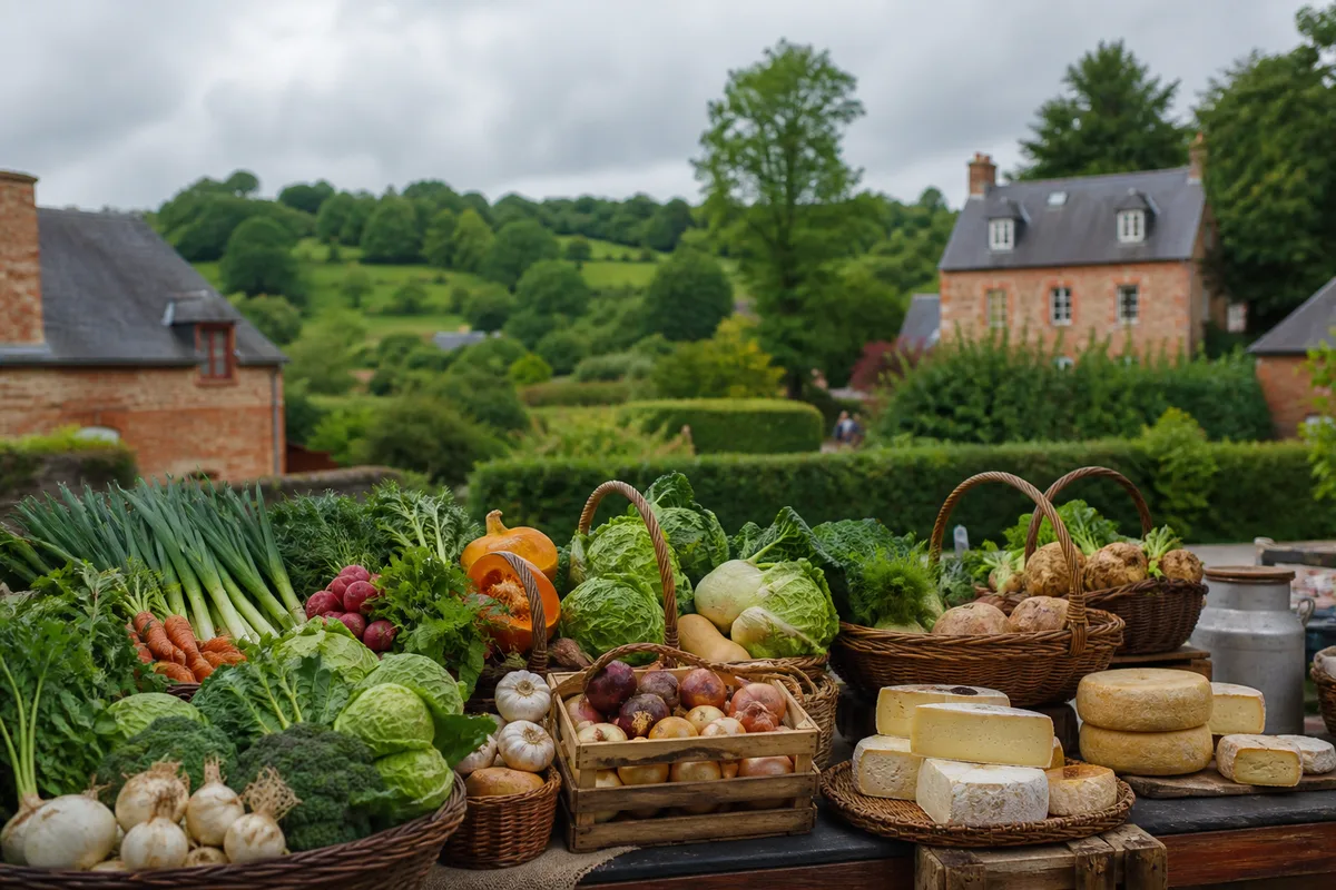 Étal de marché de producteurs avec légumes, fromages et paniers d&rsquo;osier