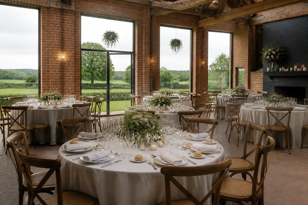Grande salle rurale aux murs de brique dressée pour un repas de fête