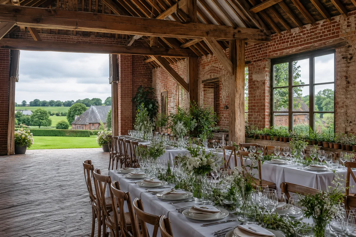 Charpente apparente et longues tables dressées dans une ancienne grange en brique