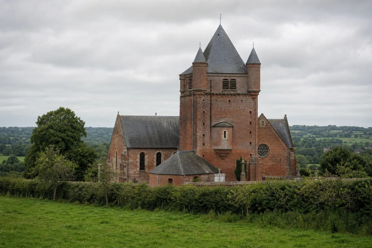 Église de village en brique surmontée d&rsquo;une tour de défense et de tourelles d&rsquo;angle